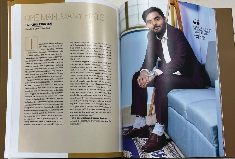 Coffee-table book spread profiling Parichay Parivesh under the title One Man, Many Hats